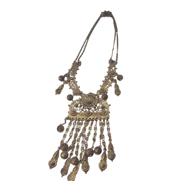Indo Craft Brass Boho Bib Necklace - 1970sTribal Fringe Stmt necklace